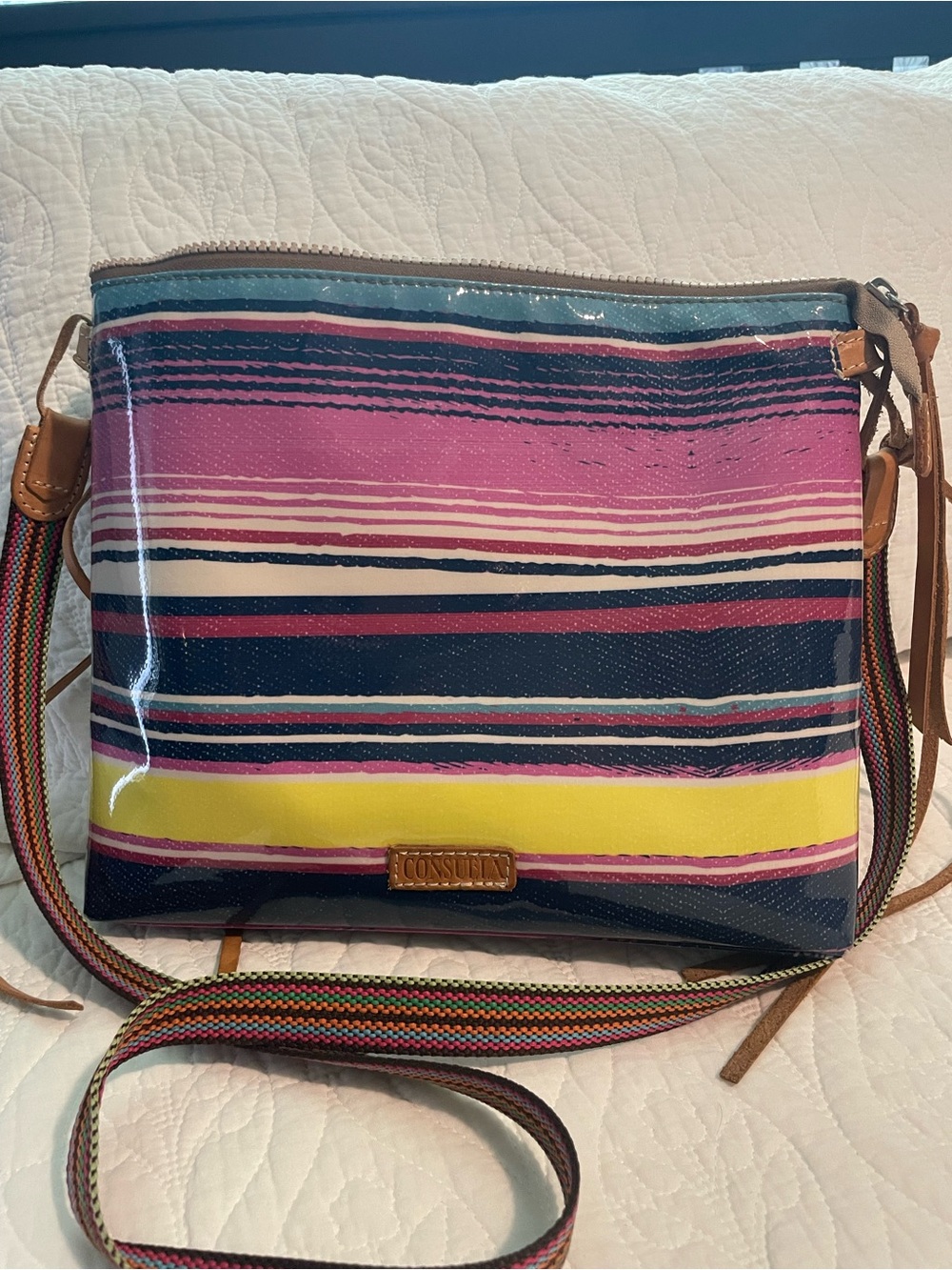 Consuela Striped Vinyl Crossbody Bag in Pink, Navy & Yellow